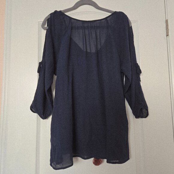 Johnny Was Calme Navy Blue Cold-Shoulder Boho Peasant Blouse with Pom-Pom Tie S - Picture 4 of 9